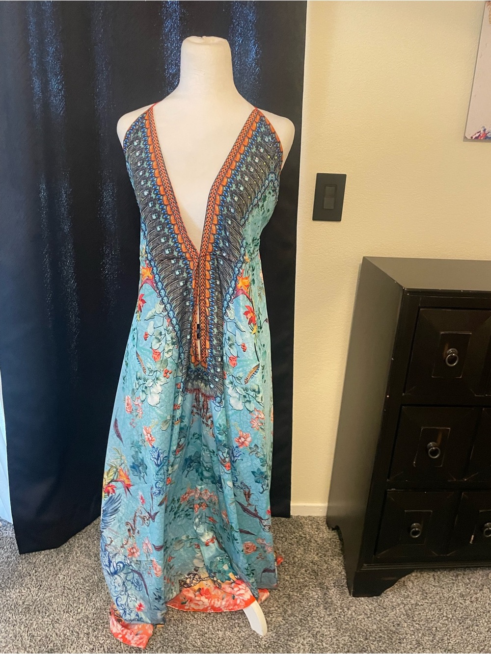 Light Blue Floral Maxi Dress with Deep V Neck . Satin